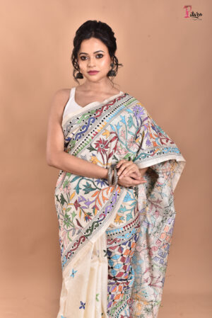 Kantha hand embroidery work saree on pure tassar silk with blouse piece  With silkmark KS002